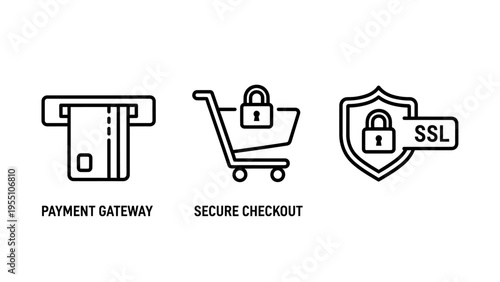 Icons for payment gateway, secure checkout with lock, and ssl security shield, representing online transaction safety and e-commerce security