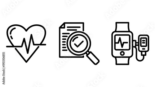 Health icons: heartbeat ekg line, document review with checkmark, and smartwatch with vital signs monitor, symbolizing health tracking and medical data