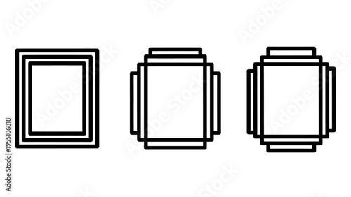 Abstract layered square icons: geometric nested frames with progressive complexity for design elements and modern interface graphics