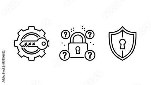 Icons depicting security key and settings gear, a locked padlock with question marks, and a shield with a keyhole, representing security, access, and protection