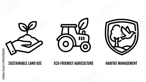 Sustainable land use, eco-friendly agriculture, and habitat management icons: hand holding sprout, tractor, shield with tree, line art
