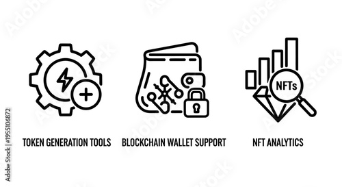 Token generation tools, blockchain wallet support, and nft analytics icon set for digital finance and crypto technology