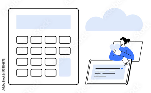 Tax calculation concept. Tax calculation through a large calculator and a person using a tablet. Tax visualization for financial services, online accounting, and calculations. Business, fintech
