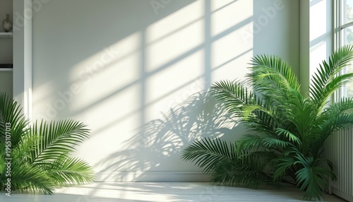 Sunlight streams through window casting grid shadows on pale wall. Lush green palm plants fill foreground corner in bright room. Natural light illuminates minimalist interior space.