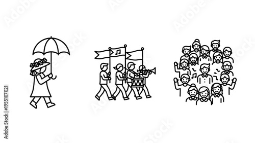 Individual with umbrella, marching band, and crowd icons representing protest, parade, and gathering concepts