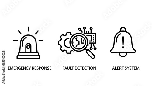 Emergency response, fault detection, and alert system icons for safety and critical incident management
