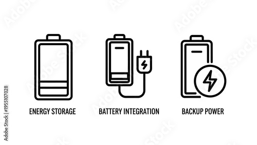 Energy storage, battery integration, and backup power icons for power solutions and reliability, charge level