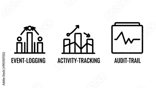 Business analytics icons: event logging, activity tracking, and audit trail for data analysis and system monitoring