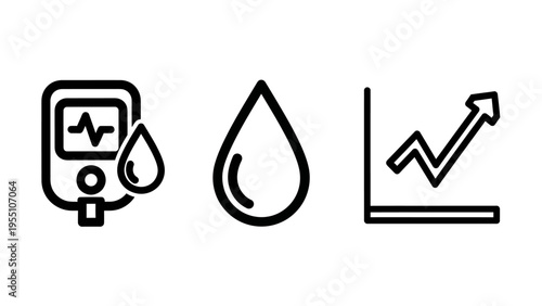 Health monitoring icons: glucose meter, blood drop, and progress graph for diabetes care and medical data tracking