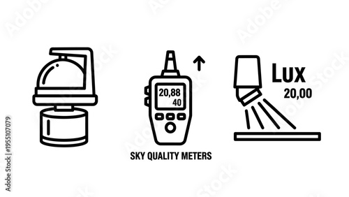 Scientific instruments icons: light sensor, sky quality meter, and lux meter with light beam measurement