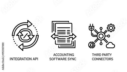 Integration api, accounting software sync, and third-party connectors icons - technology and data flow graphics