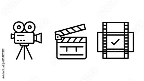 Filmmaking icons: vintage camera, clapperboard, and film strip - symbols for movie production, cinematography, and creation, camera tripod