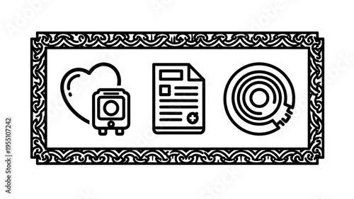 Medical health data monitoring, patient record management, and heartbeat icons set with decorative border