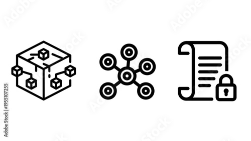 Blockchain network and smart contract security line icons for digital transaction protection and decentralized ledger technology