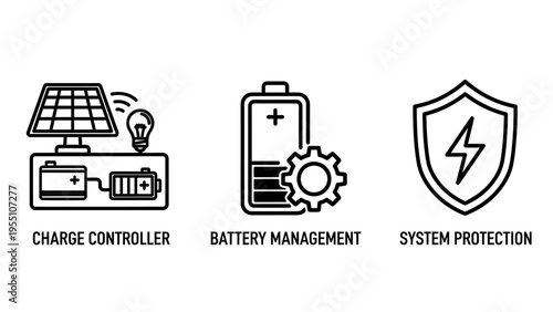 Solar energy charge controller, battery management, and system protection line icons for sustainable power solutions