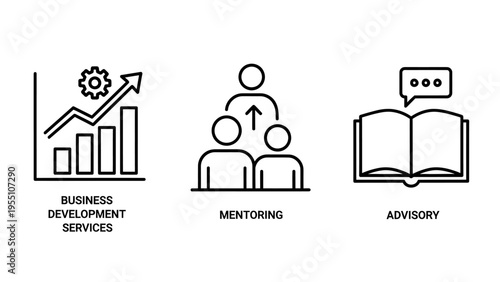 Business development, mentoring, and advisory services line icons for growth and professional guidance