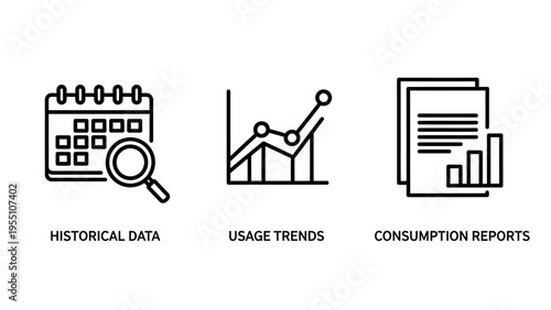 Historical data, usage trends, and consumption reports line icons for business analysis