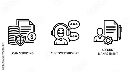 Loan servicing, customer support, and account management icons for financial services and client relationship concepts