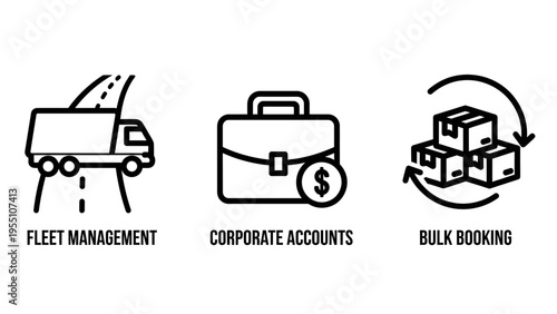 Business logistics and corporate services icons: fleet management, company accounts, and bulk booking operations