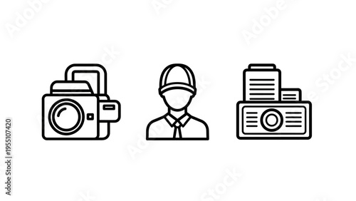 Camera, worker profile, and document archive icons for media production, staffing, and office administration concepts