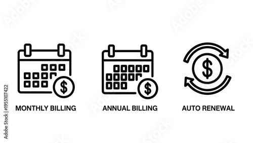 Monthly, annual billing, and auto renewal icons for subscription services, financial management, and payment cycles concepts