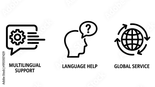 Multilingual support, language help, and global service icons for international communication and customer assistance concepts