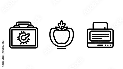 Productivity timer, healthy eating, and document printer icons for efficiency, wellness, and office automation concepts