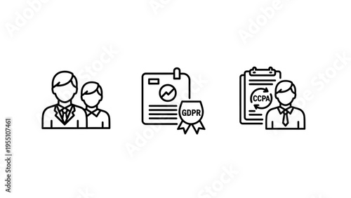 Business team, data privacy gdpr compliance, and regulatory audit outline icons set. corporate governance, legal documentation, and protection vector symbols