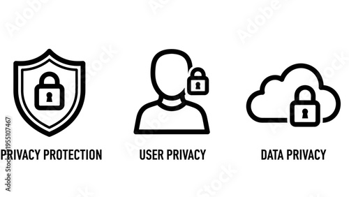 Privacy protection, user data security, and cloud storage privacy outline icons set. digital information safety and confidentiality vector symbols
