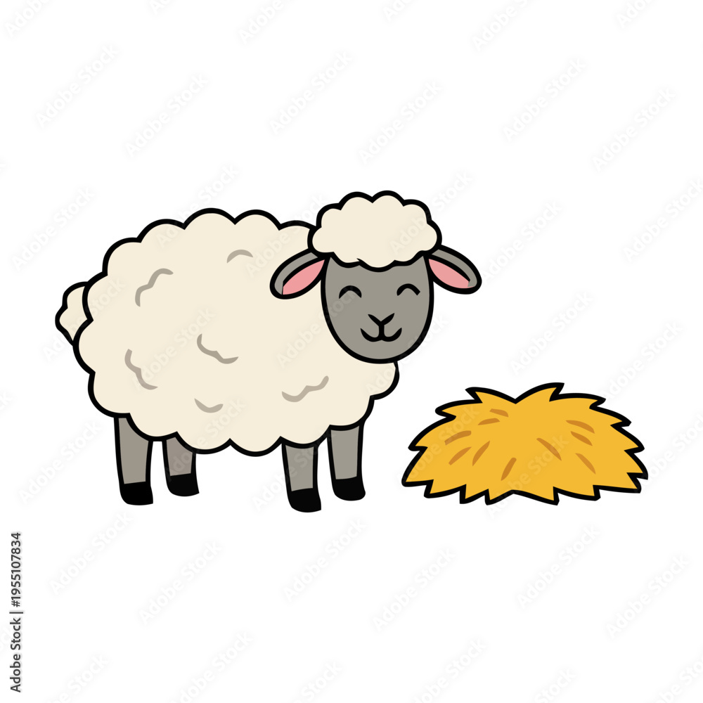 Obraz premium Cute sheep are eating hay illustration