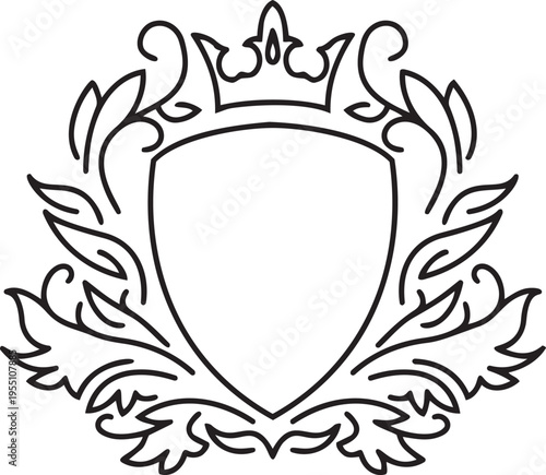 Royal Crest: A sophisticated emblem, featuring a regal crown above a blank shield, adorned with elegant floral details, embodying nobility and heritage.