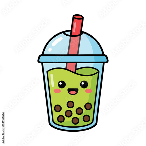 Matcha Green tea fun cartoon comic characters Set of iced green tea, matcha powder, whisk, boba tea, bowl, dessert, doodle. Happy Mascot Vector illustration for logo, promotion, marketing, menu, ads.