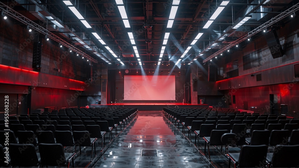 Naklejka premium Modern empty concert hall with stage lighting red ambient glow and large screen auditorium interior