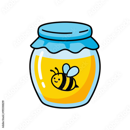 Honey in a glass jar. Flat vector cartoon illustration.