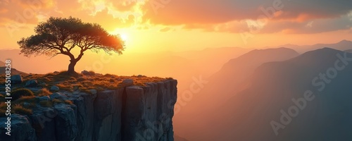 Lone tree stands on cliff edge. Golden sunset bathes misty mountain range. Warm light glows on rocky terrain. Hazy sky fades to dusk. Beautiful natural landscape.