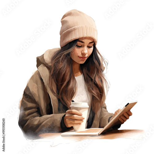 Watercolor illustration of young woman in beanie holding coffee and tablet