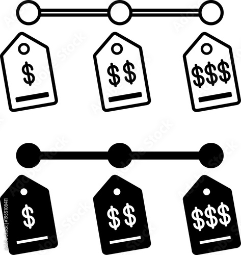Price Range Icons. Line and Glyph Vector Icons. Interval Between the Minimum and Maximum Prices of Similar Products or Services. Price Concept