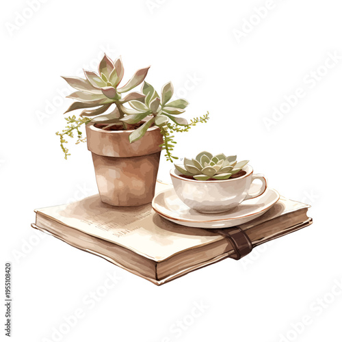 Watercolor Succulent in Teacup and Pot on Vintage Leather Journal Clipart