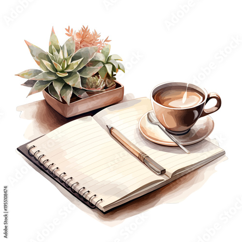 Watercolor Illustration of an Open Spiral Notebook with a Pen, Cup of Coffee, and Potted Succulent Plant