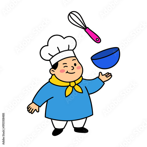 Flat vector illustration of a chef juggling kitchen tools and bowl. Represents cooking skills, culinary activity, and playful kitchen concepts