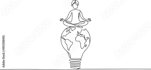 Person meditating on globe light bulb in continuous line drawing