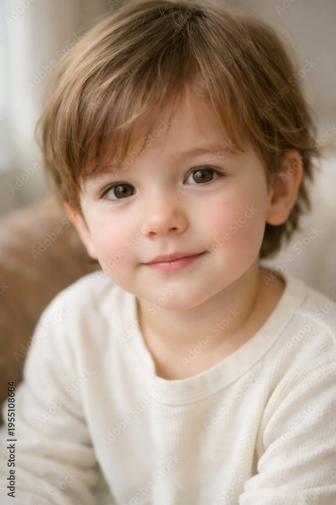 Fototapeta premium Young boy looking directly at the viewer with warm brown eyes and a sweet, innocent smile, portraying childhood, happiness, and genuine emotion, perfect for family and lifestyle themes
