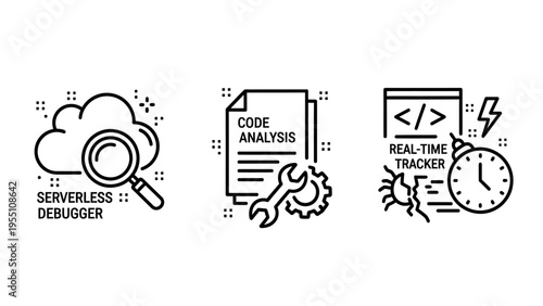 Icons for serverless debugger, code analysis with tools, and real-time tracker with bug and clock, symbolizing software development and debugging, black