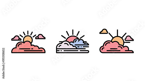 Sunrise and cloud icons: sun rising above clouds in various styles for weather and morning concepts