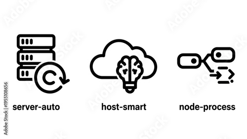 Icons depicting server automation, smart cloud hosting, and node processing, representing backend systems and data operations, black