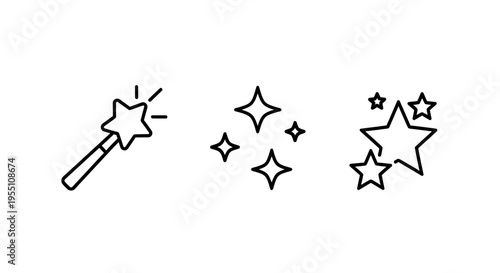 Magic star icons: wand sparkle, twinkling stars, and glowing star clusters for fantasy and celebration