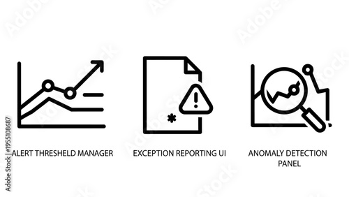 Line chart with rising trend, document with alert symbol, and magnifying glass on graph icons, representing data analysis, error reporting, and anomaly detection