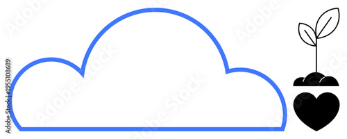 Sustainability, cloud computing, nature conservation, environmental technology, digital storage, renewable energy. Blue cloud outline with a seedling in a heart. Sustainability and cloud computing