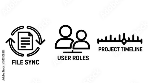 File sync, user roles, and project timeline icons for business workflow and project management - clean vector graphics