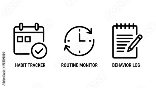 Habit tracker, routine monitor, and behavior log icons for productivity and personal development - vector graphics